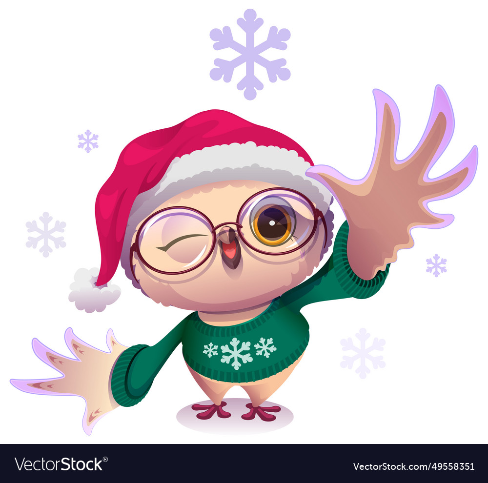 Owl In Santa Hat And Green Christmas Sweater Vector Image