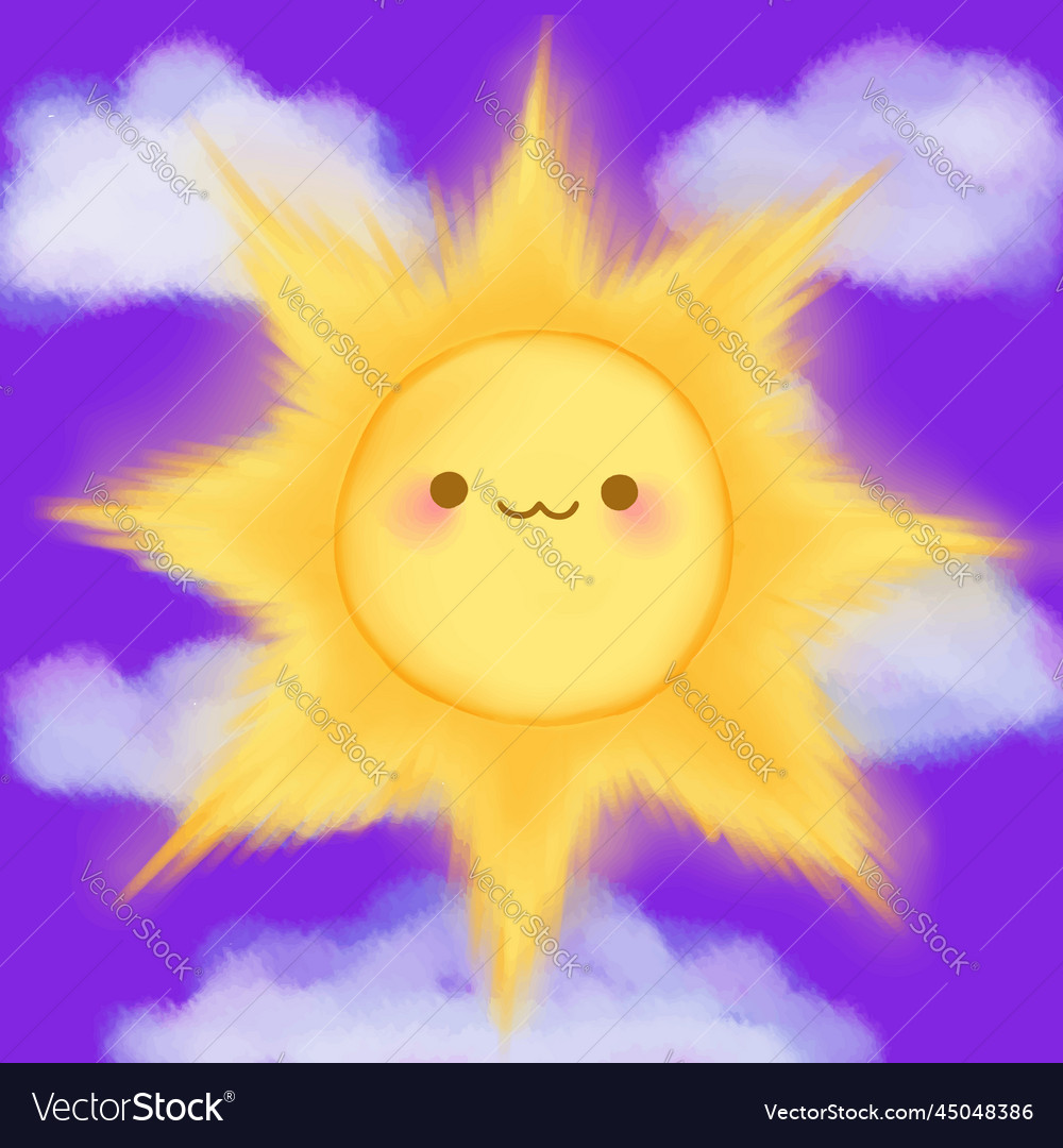 Cute Cartoon Smiling Sun Clouds Sky Kawaii Anime Vector Image