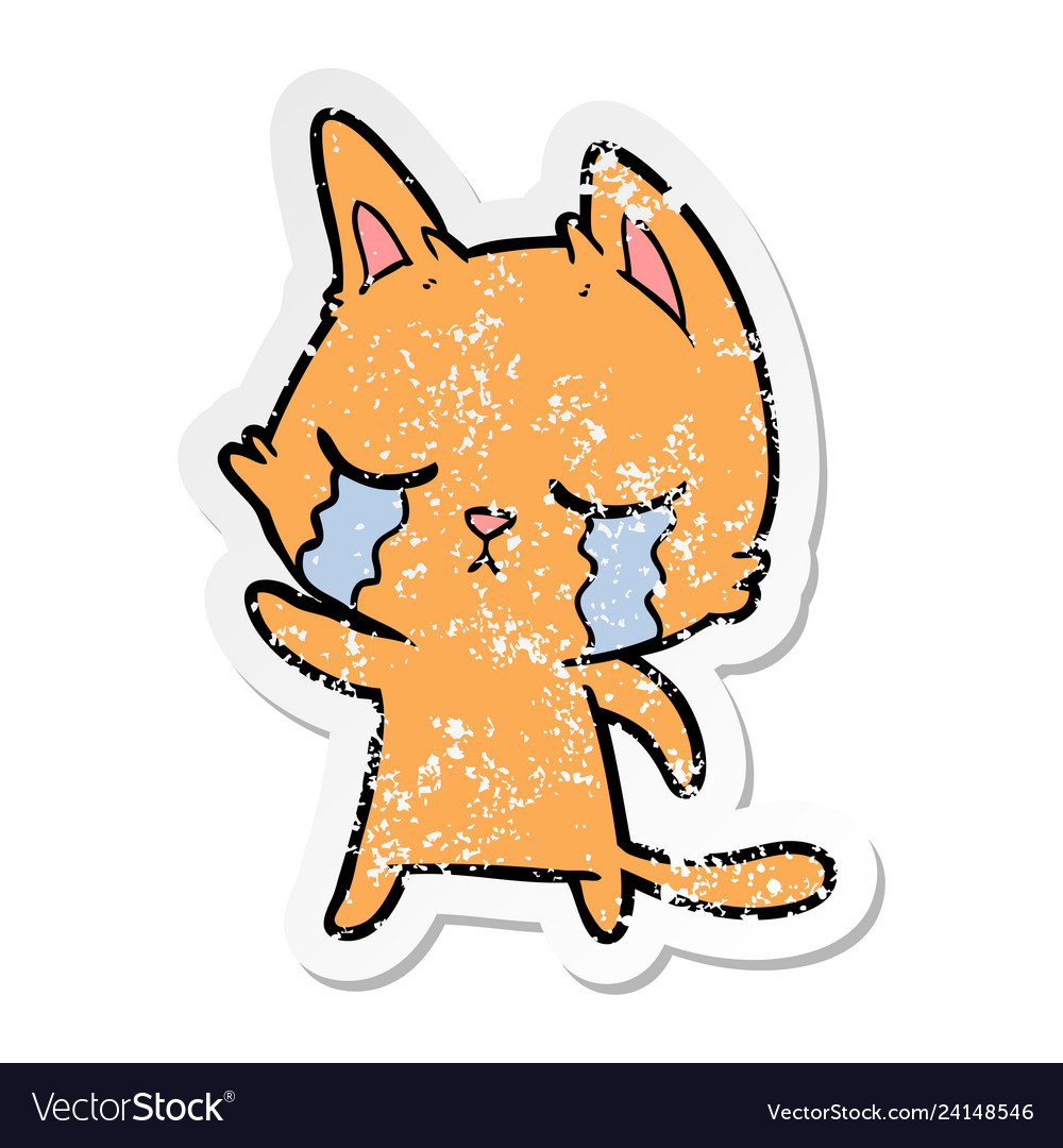 Distressed Sticker Of A Crying Cartoon Cat Vector Image