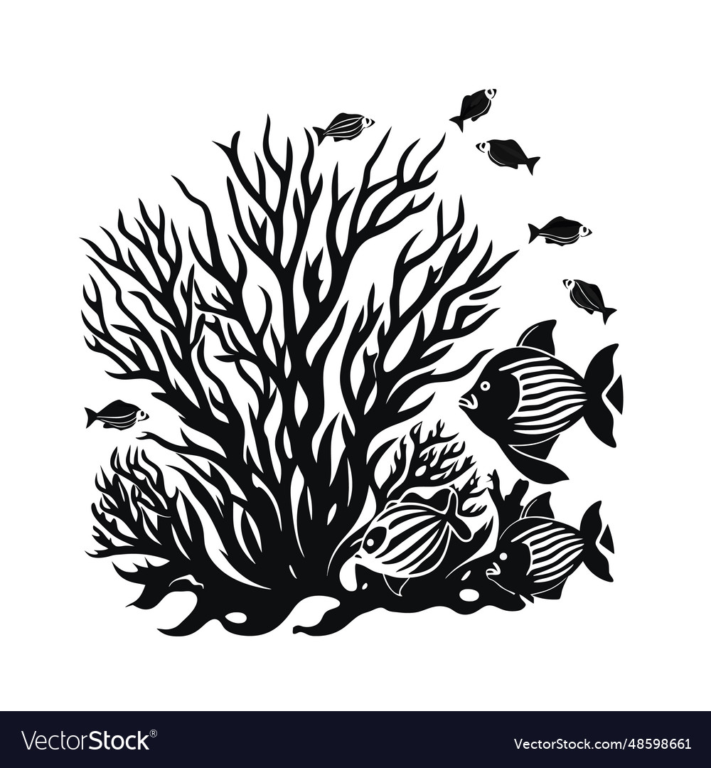 Hand Drawn Fishs And Seaweed Silhouette Isolated Vector Image