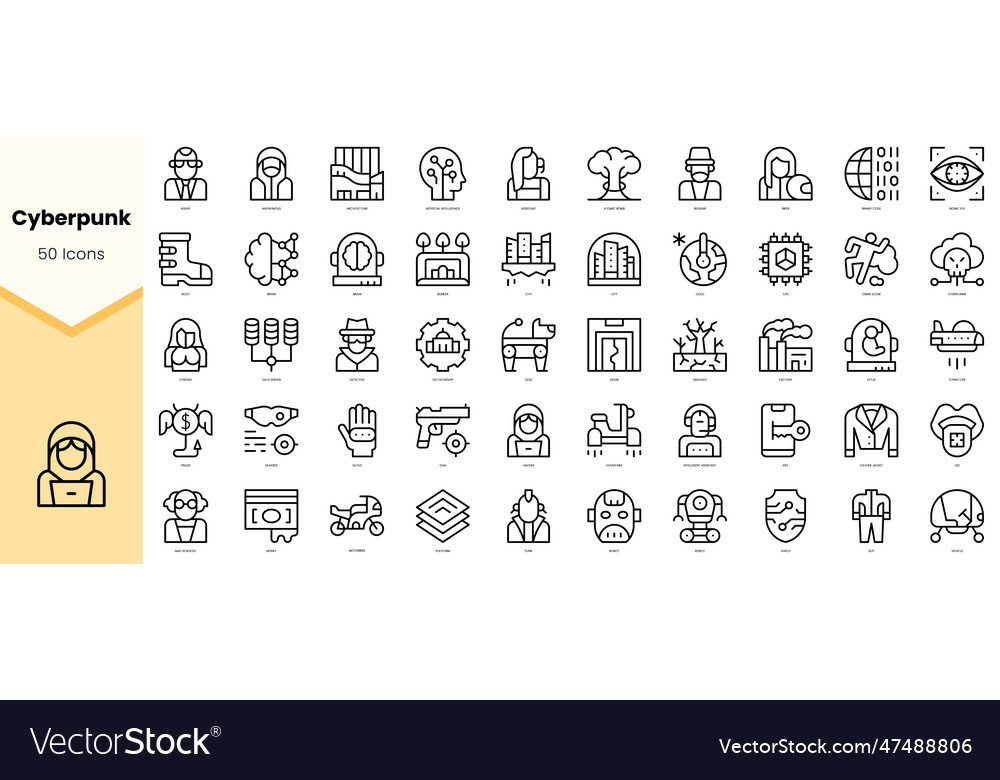 Set Of Cyberpunk Icons Simple Line Art Style Vector Image