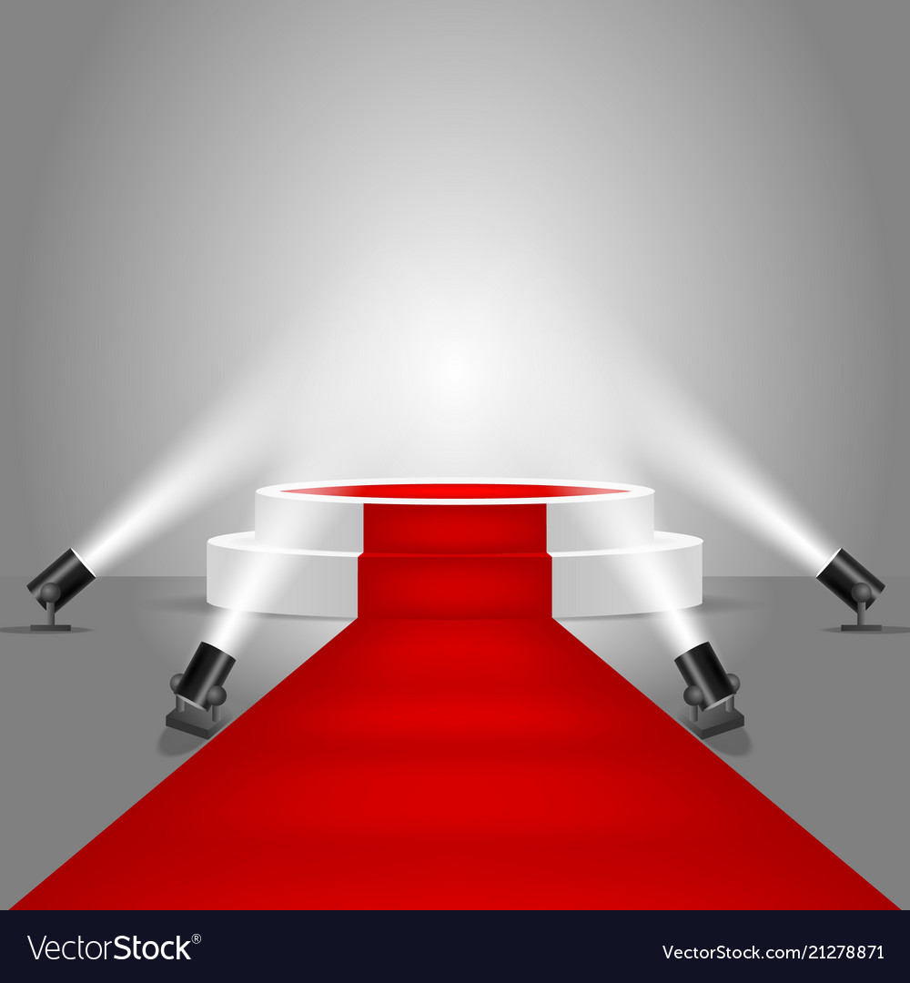 Spotlights And Stage Podium With Red Carpet Vector Image