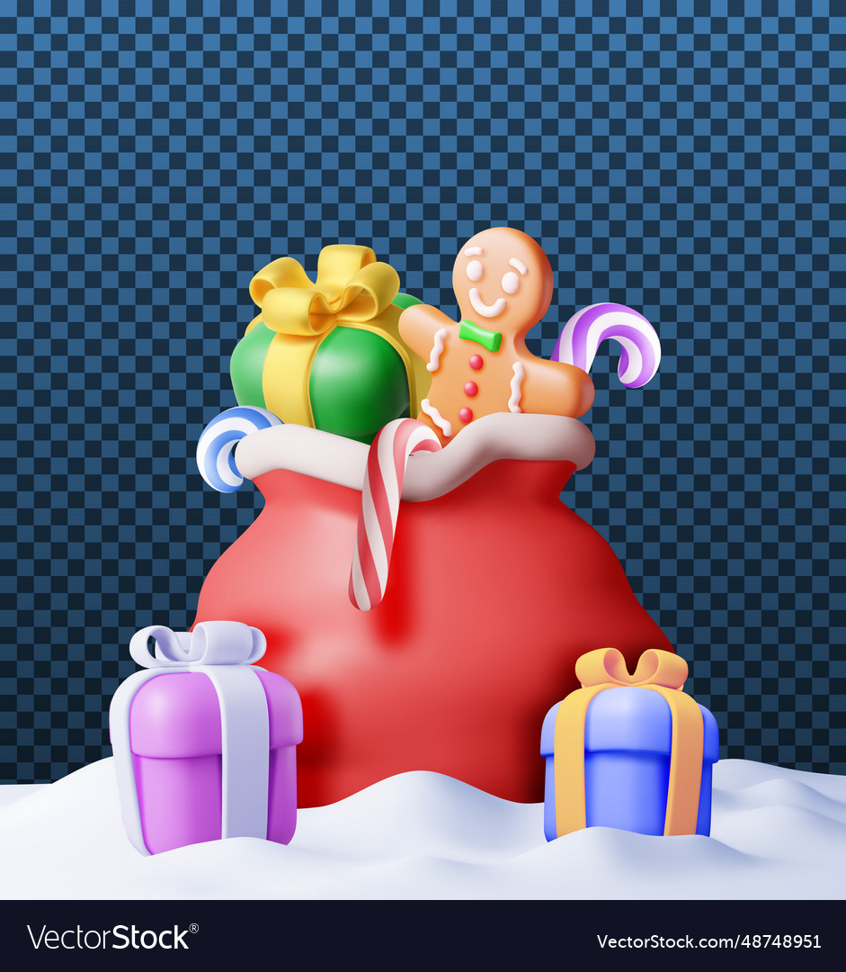 3d Open Santa Claus Sack Full Of Gifts In Snow Vector Image