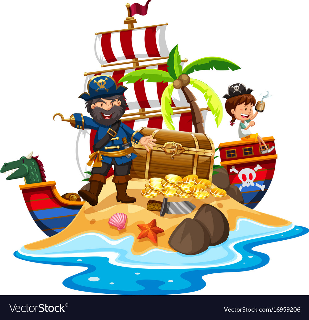 Pirate And Ship At The Treasure Island Royalty Free Vector