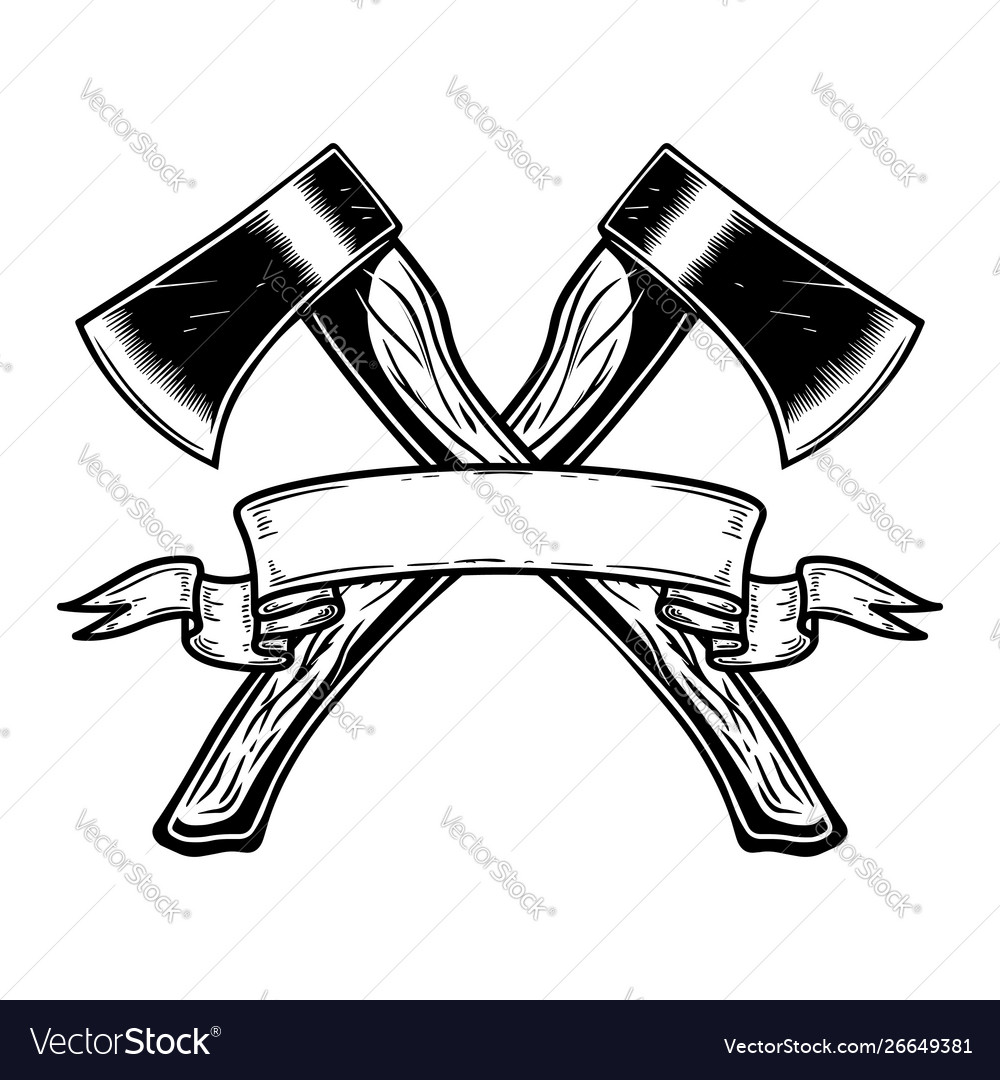 Two Crossed Hatchets With Ribbon Design Element Vector Image