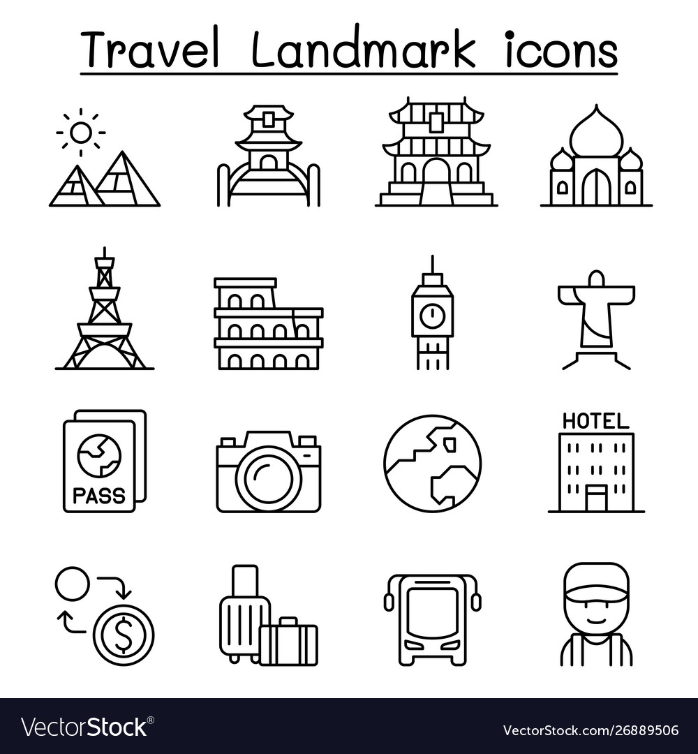 Travel Landmark Icon Set In Thin Line Style Vector Image