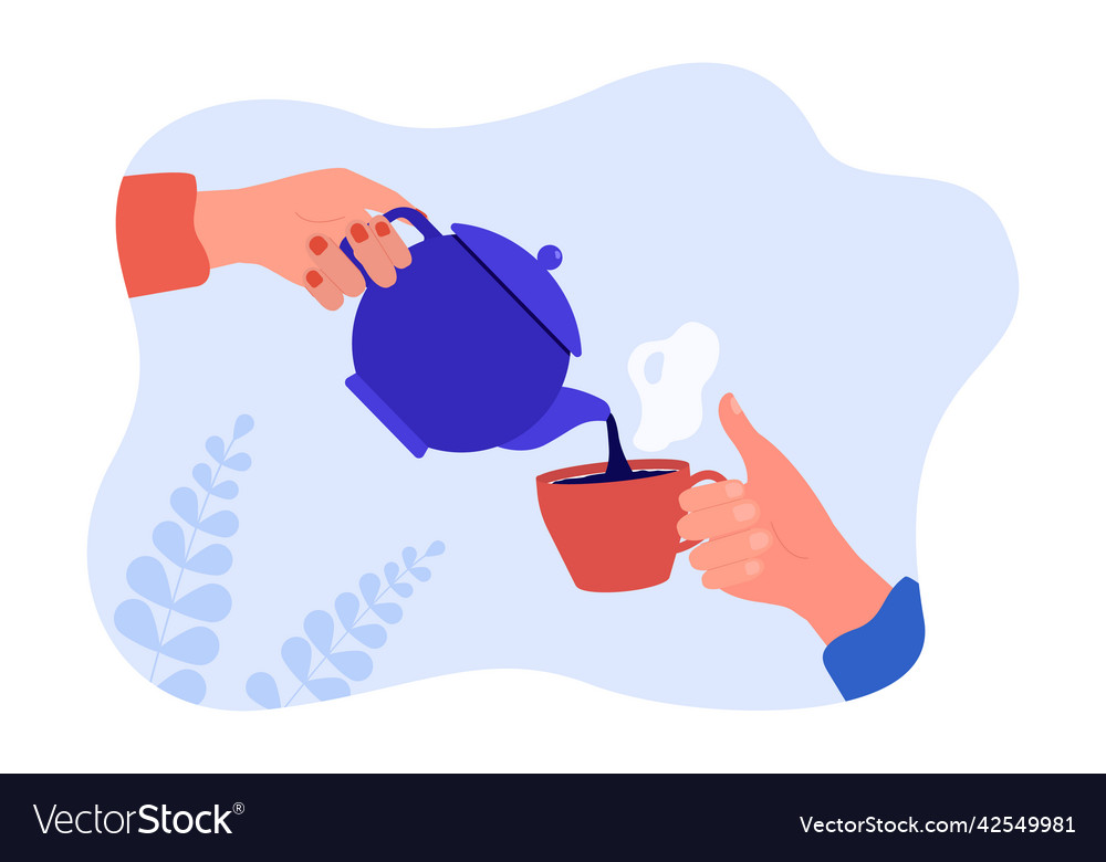 Hand Holding Teapot And Pouring Hot Tea Into Cup Vector Image