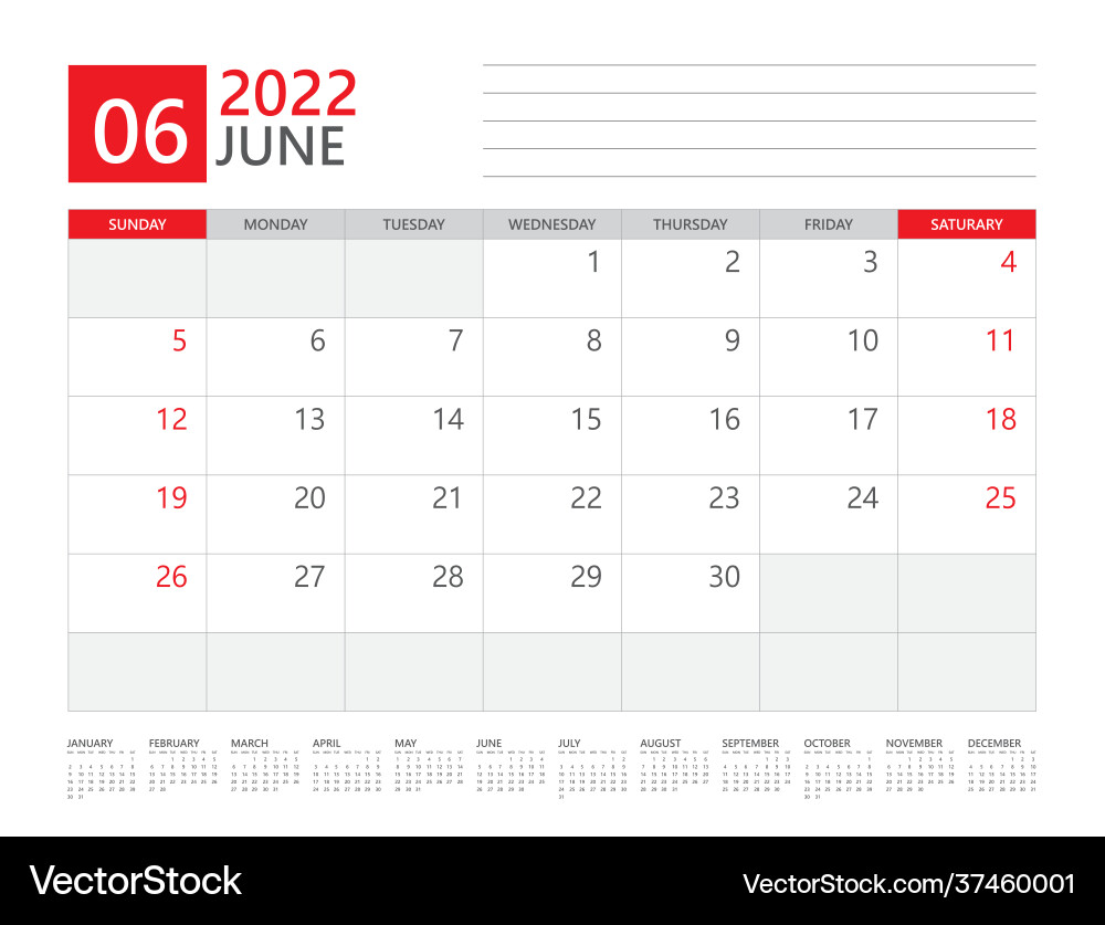 June 2022 Year-Calendar Planner 2022 Royalty Free Vector