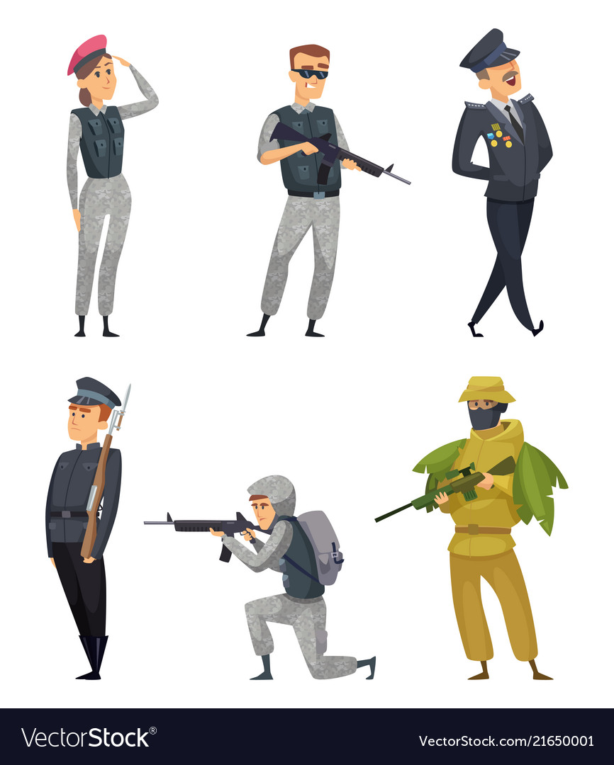 Military soldiers with various weapons Royalty Free Vector