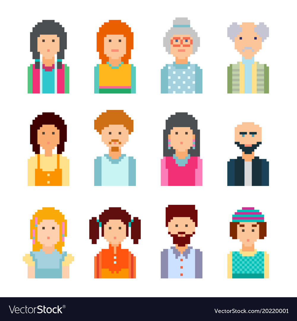 Pixel male and female faces avatars Royalty Free Vector