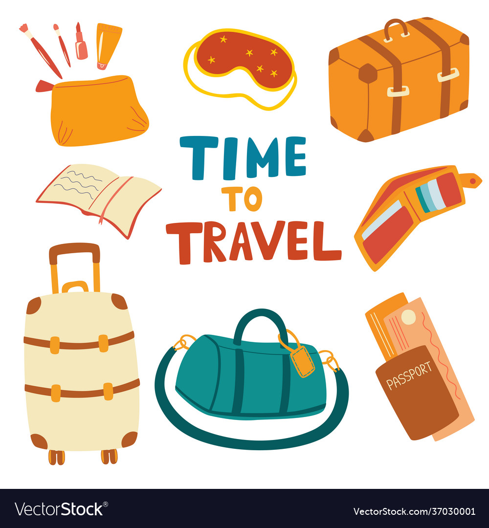 Premium Vector  Travel vector illustration. let's go travel text with  airplane, luggage bag and traveling elements