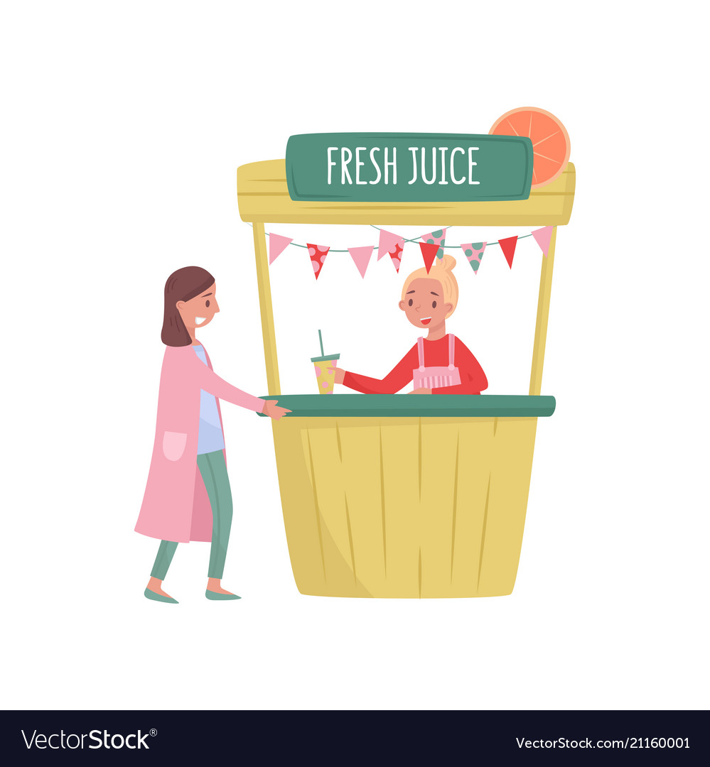 Smiling woman buying fresh juice in street stall Vector Image
