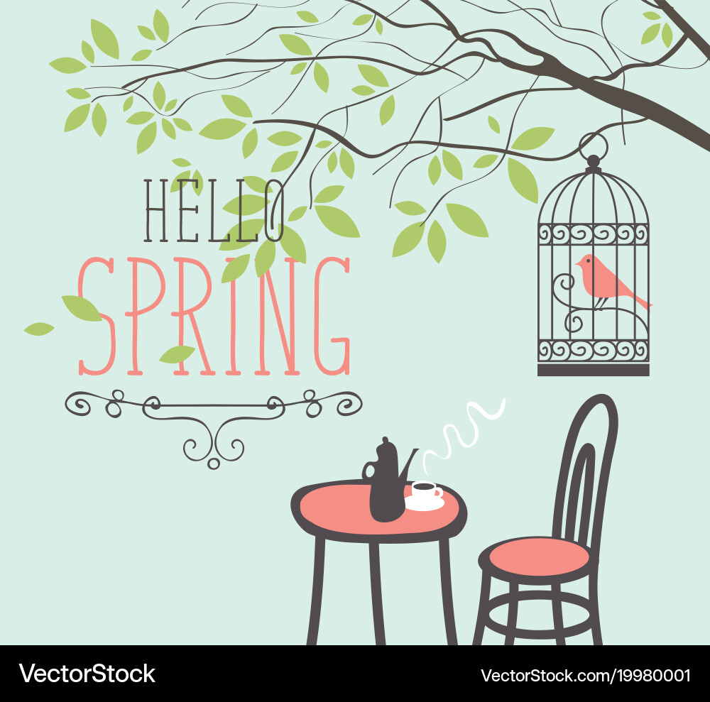 Spring street cafe under tree with bird in cage Vector Image