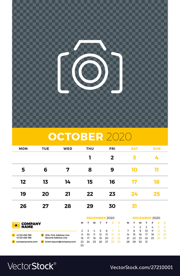 Wall calendar planner template for october 2020 vector image Wall calendar planner template for october 2020