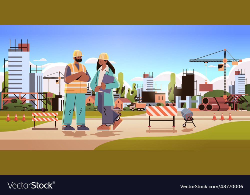 Architect and engineer in uniform discussing Vector Image Architect and engineer in uniform discussing