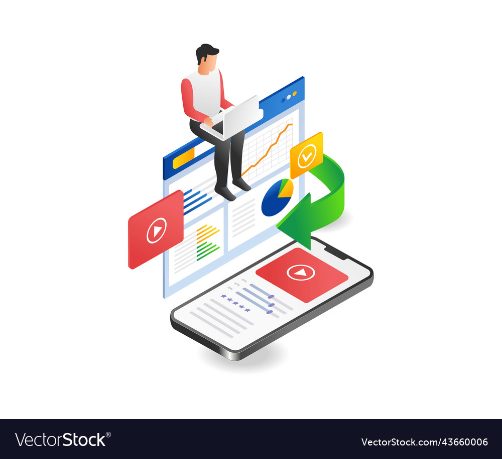 Man analyzes smartphone app data Vector Image Man analyzes smartphone app data