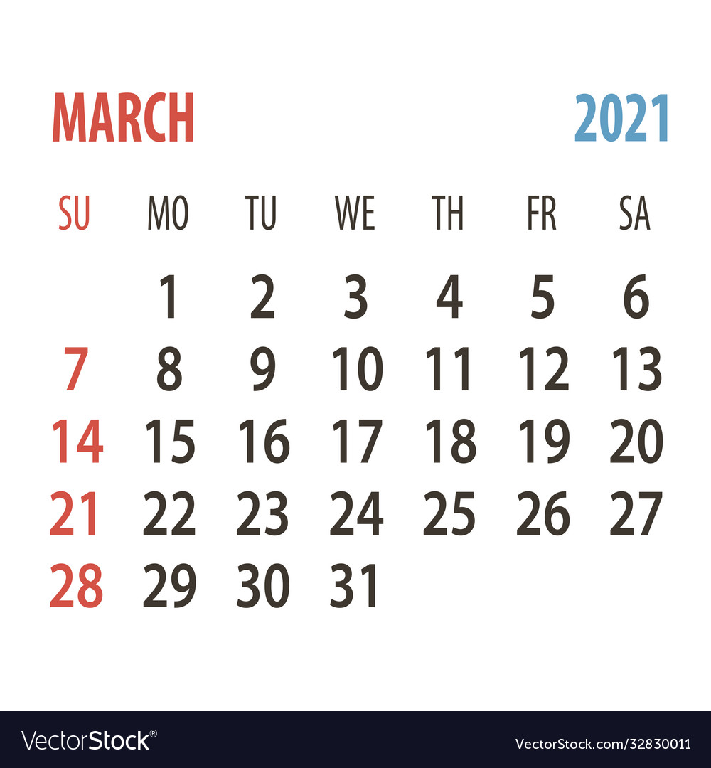 Calendar 2021 one month march week start sunday Vector Image