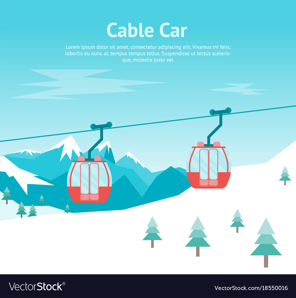 Cartoon Car Cabins Cableway In Mountains Card Vector Image
