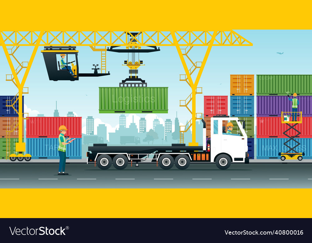 Workers control the containers Royalty Free Vector Image