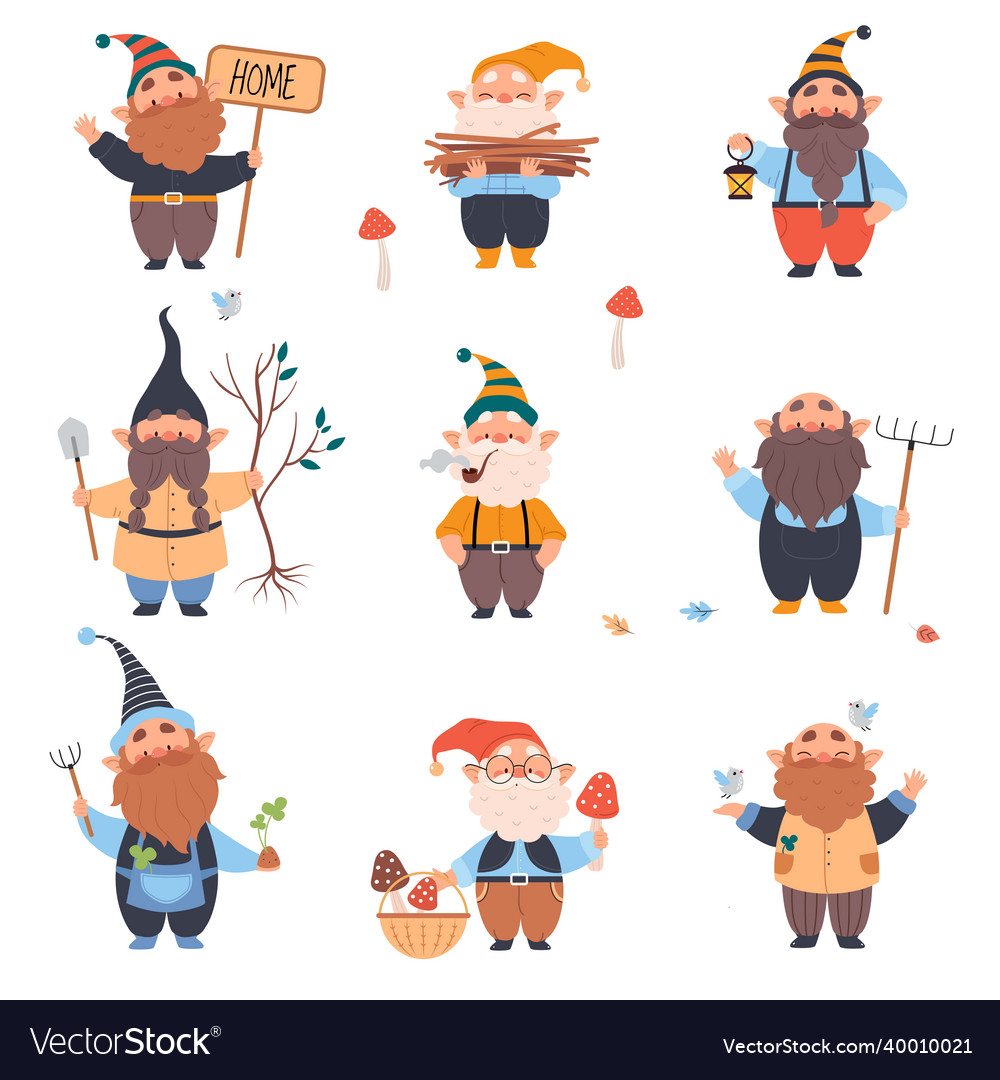 Cute Gnome Character With Beard In Pointy Hat Vector Image