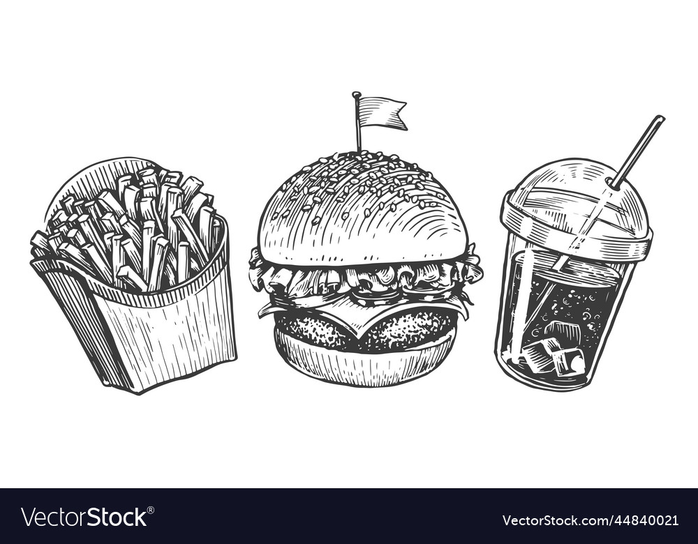 Fast Food Set Vintage Burger French Fries Vector Image 4587