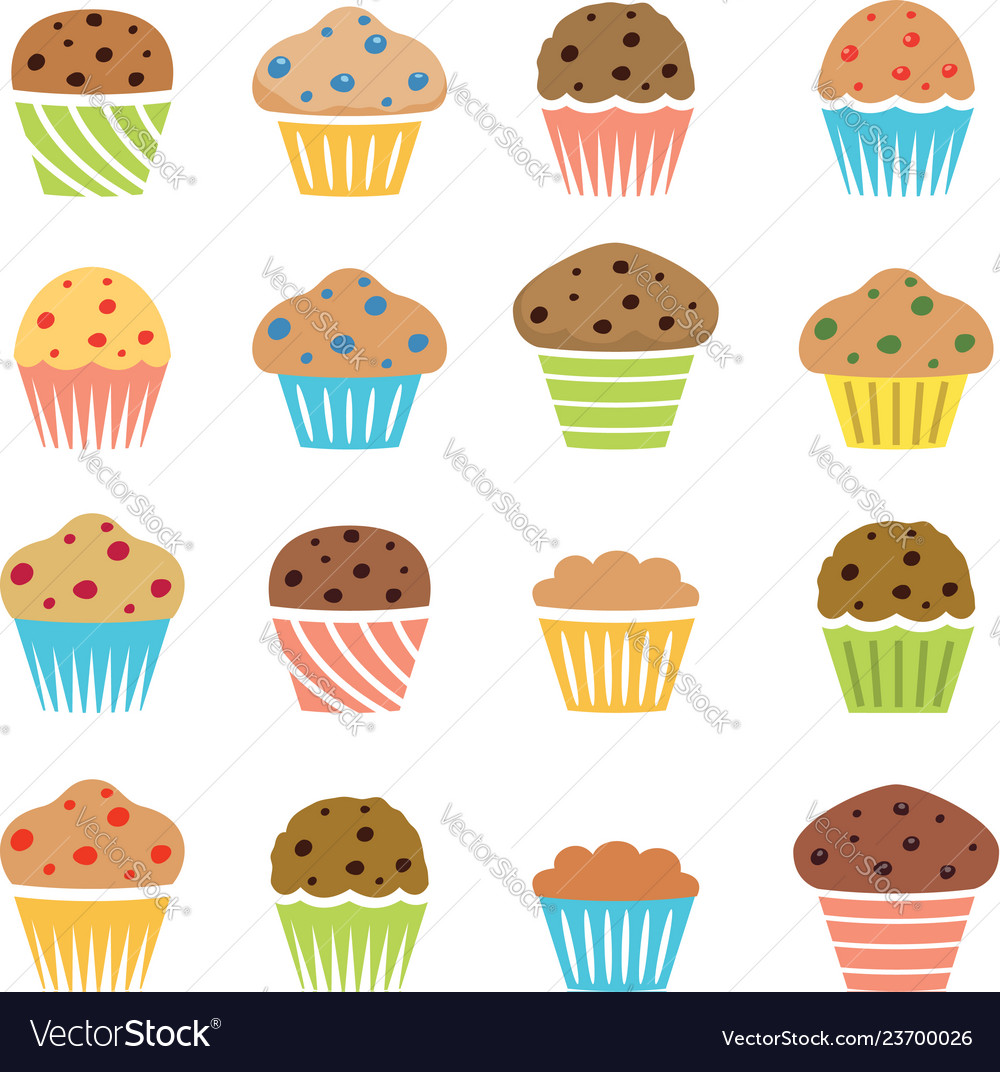 Flat icons of chocolate and fruit muffins vector image Flat icons of chocolate and fruit muffins
