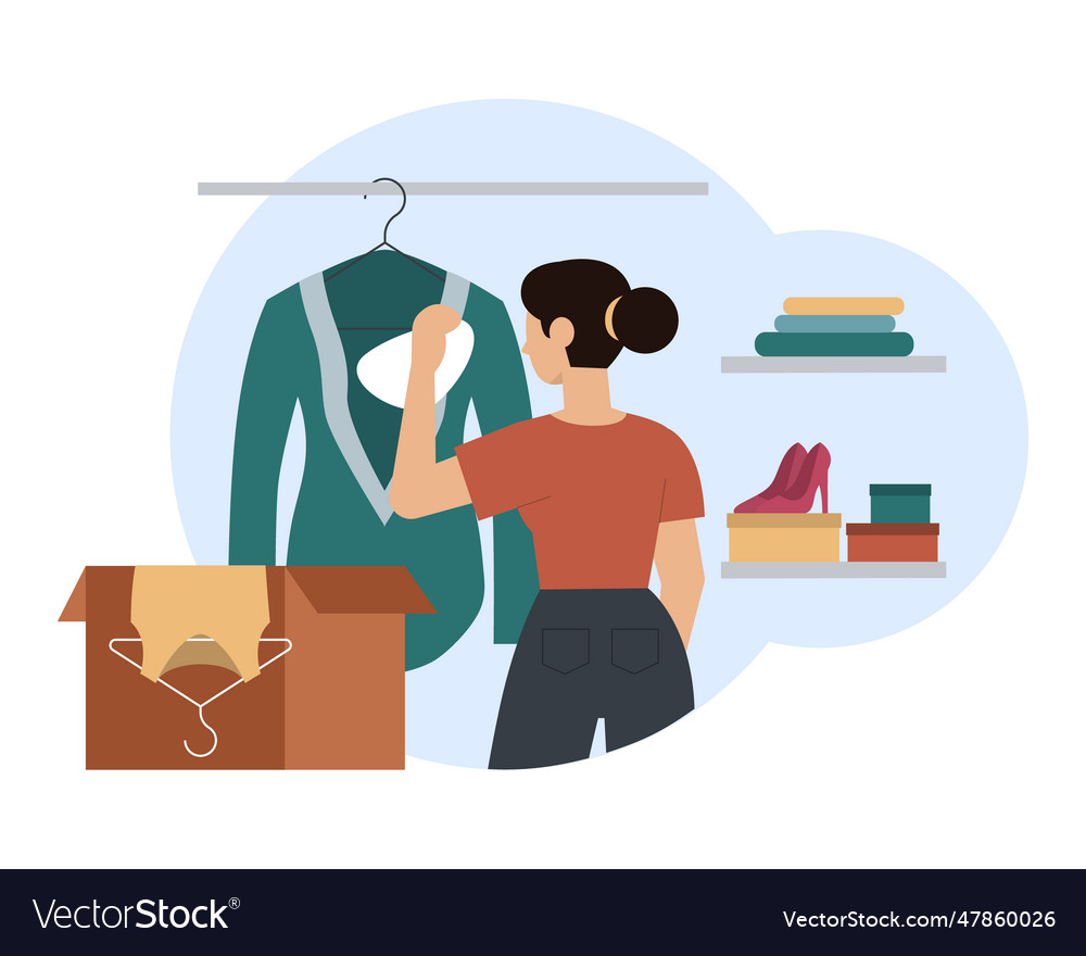 Young female standing near jacket on hangers Vector Image