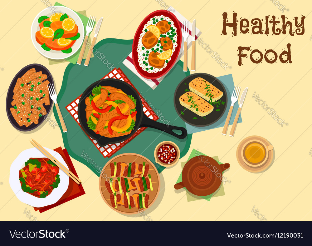 Savory dishes with fish and korean grilled meat Vector Image