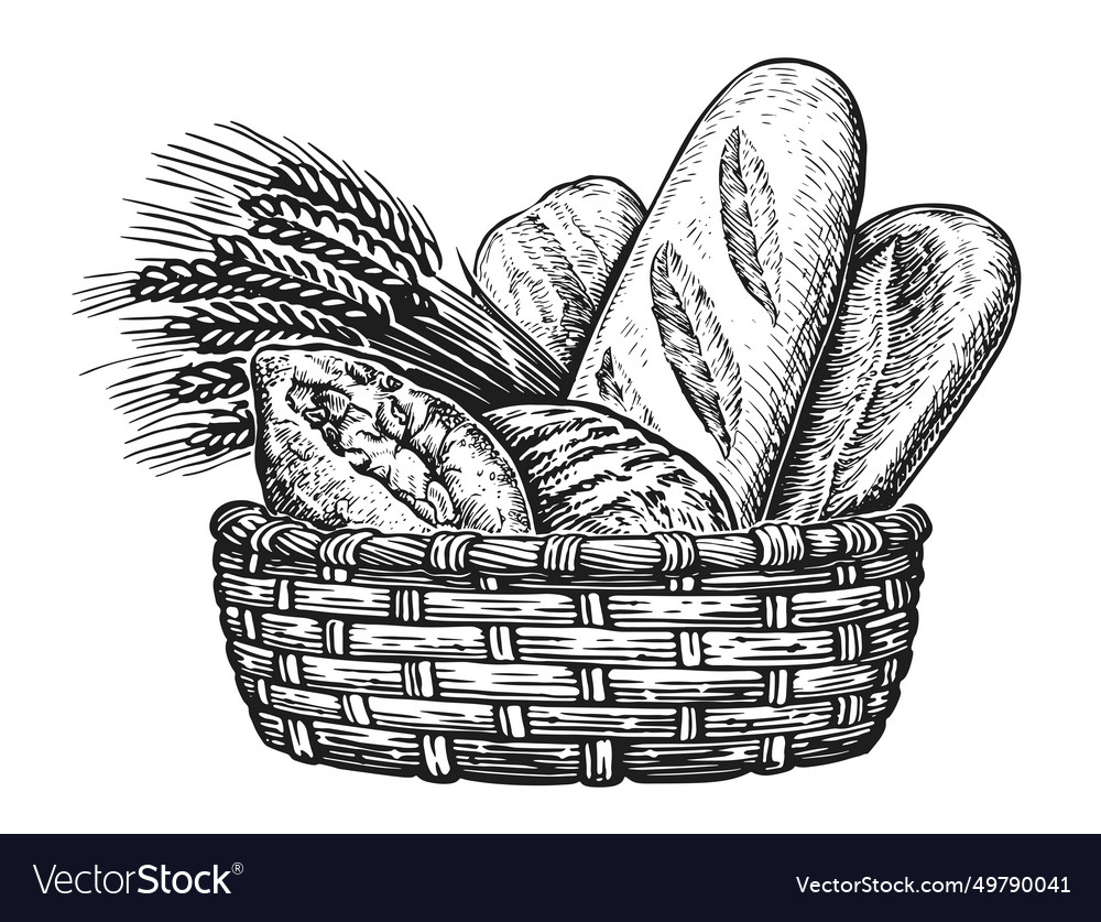 Basket full of baked goods bread and pastry Vector Image