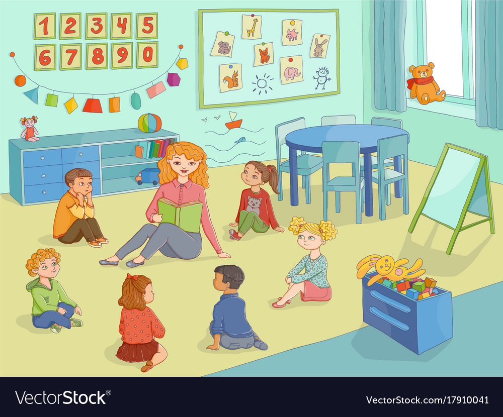 Flat cartoon children sitting around woman Vector Image