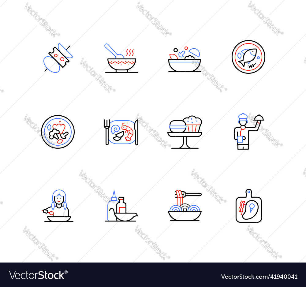 Restaurant food and menu - line design style icons