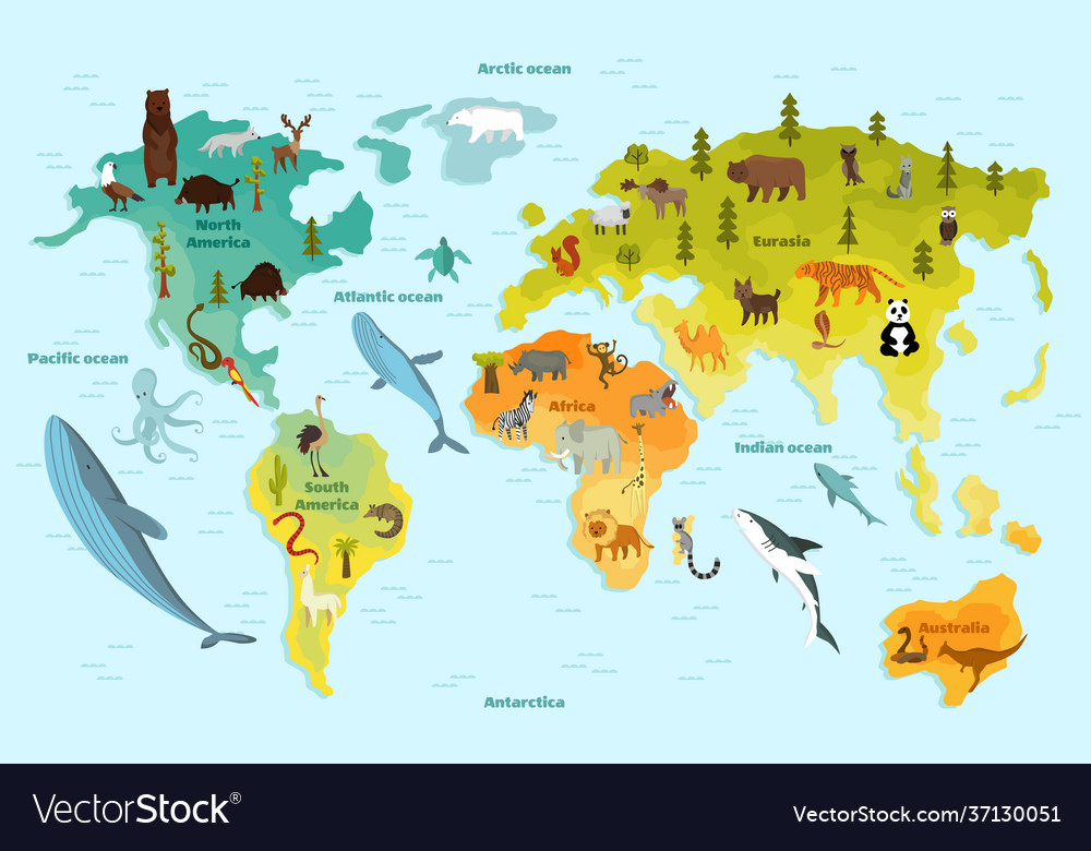 World map with different animal funny cartoon Vector Image