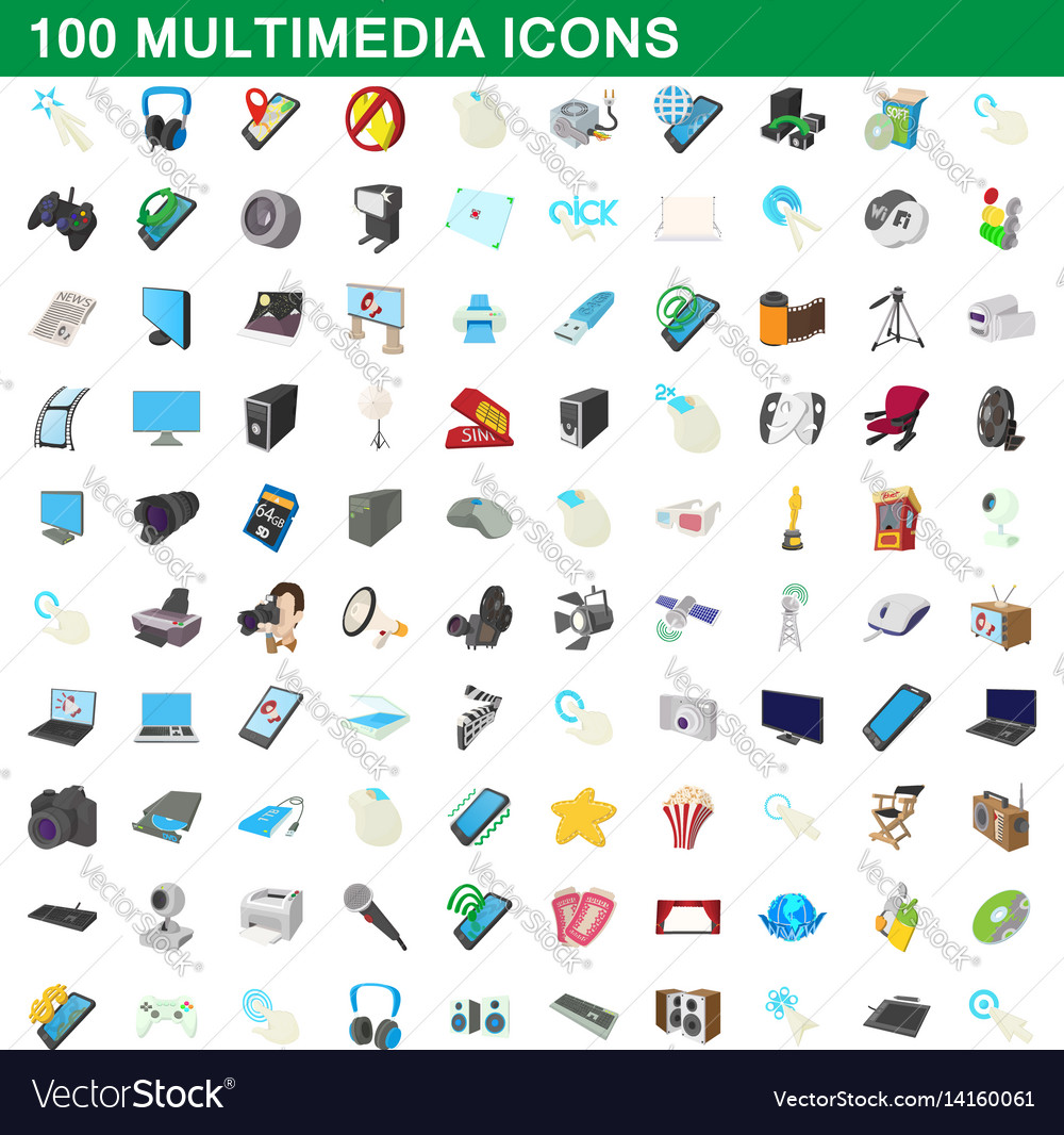 100 multimedia icons set cartoon style Royalty Free Vector