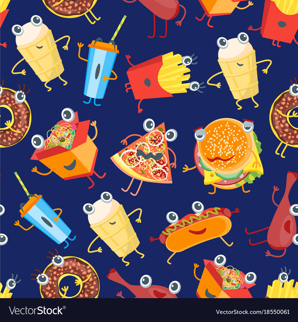 Cartoon color fast food characters background Vector Image Cartoon color fast food characters background Vector Image