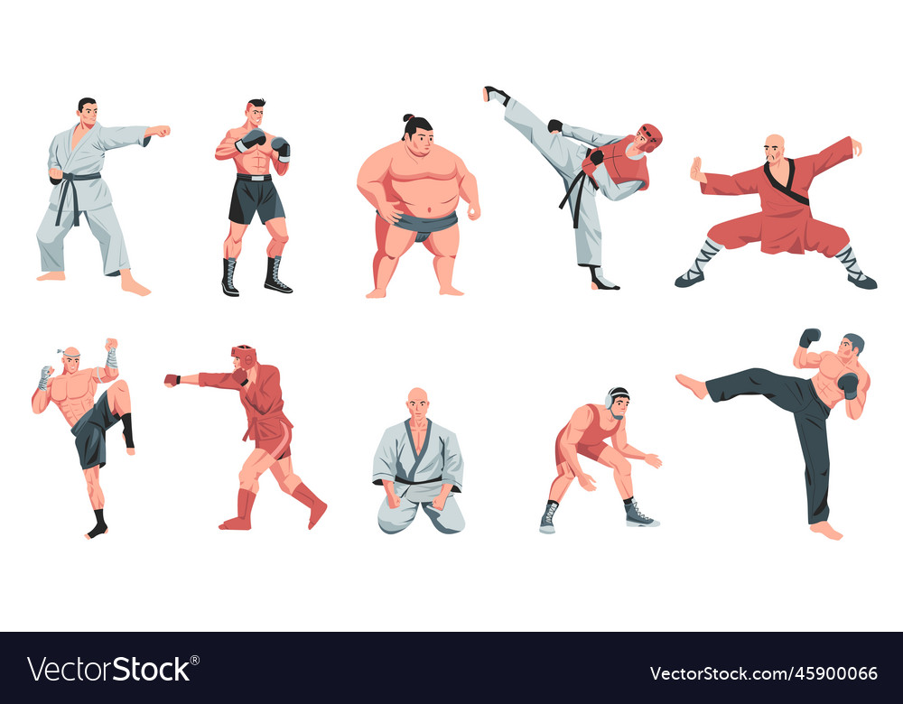 Martial arts fighters cartoon warrior characters Vector Image