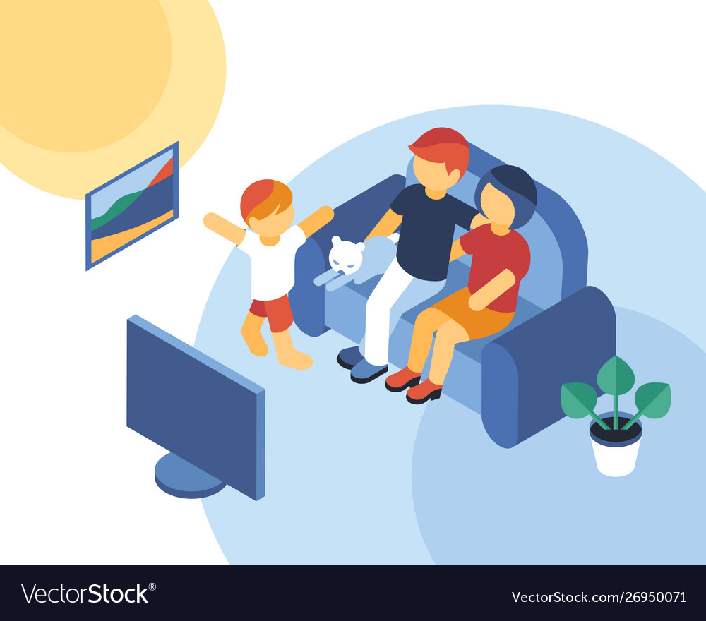 Isometric familytime together watching tv icons Vector Image