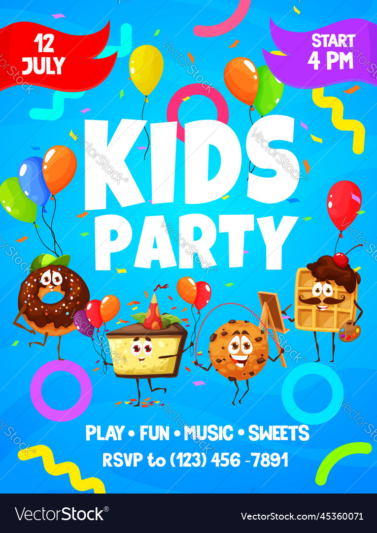 Kids party flyer cartoon pastry characters Vector Image