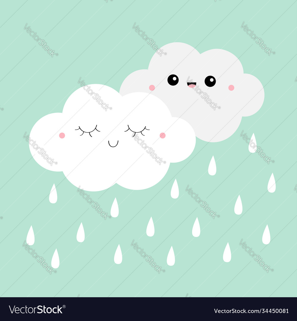 White gray cloud rain drop icon set smiling Vector Image