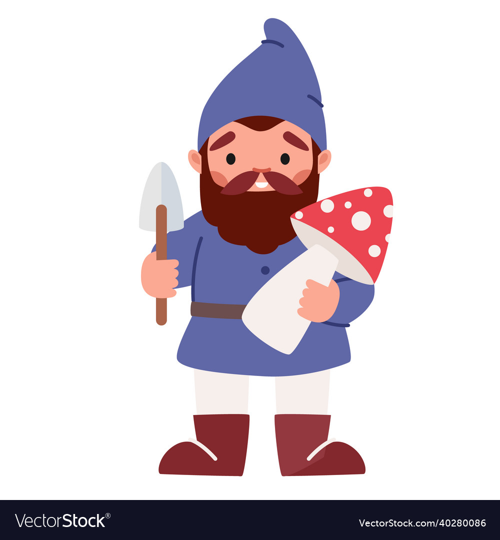 Funny Garden Dwarf Holding Mushroom And Spade Vector Image