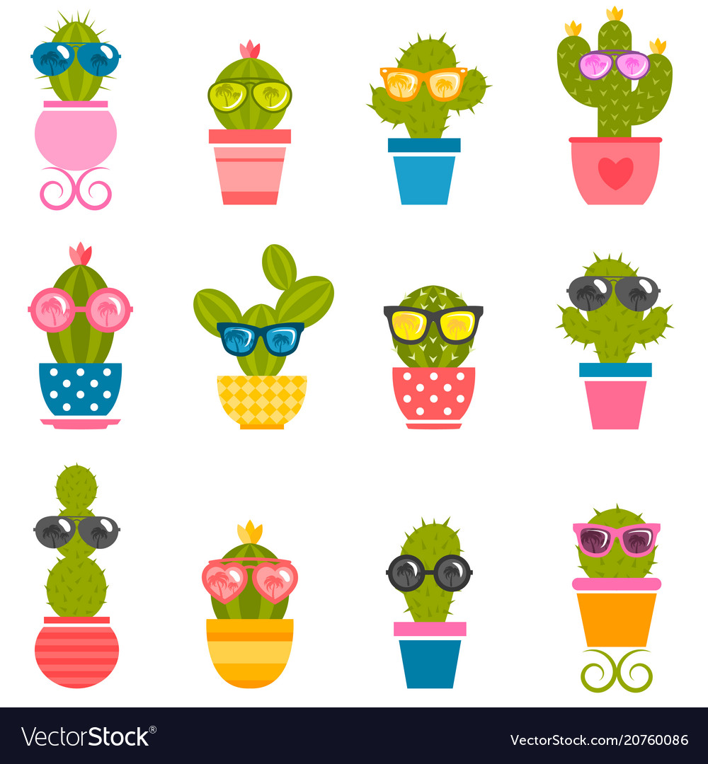 Set of cactuses with sunglasses isolated on white vector image Set of cactuses with sunglasses isolated on white