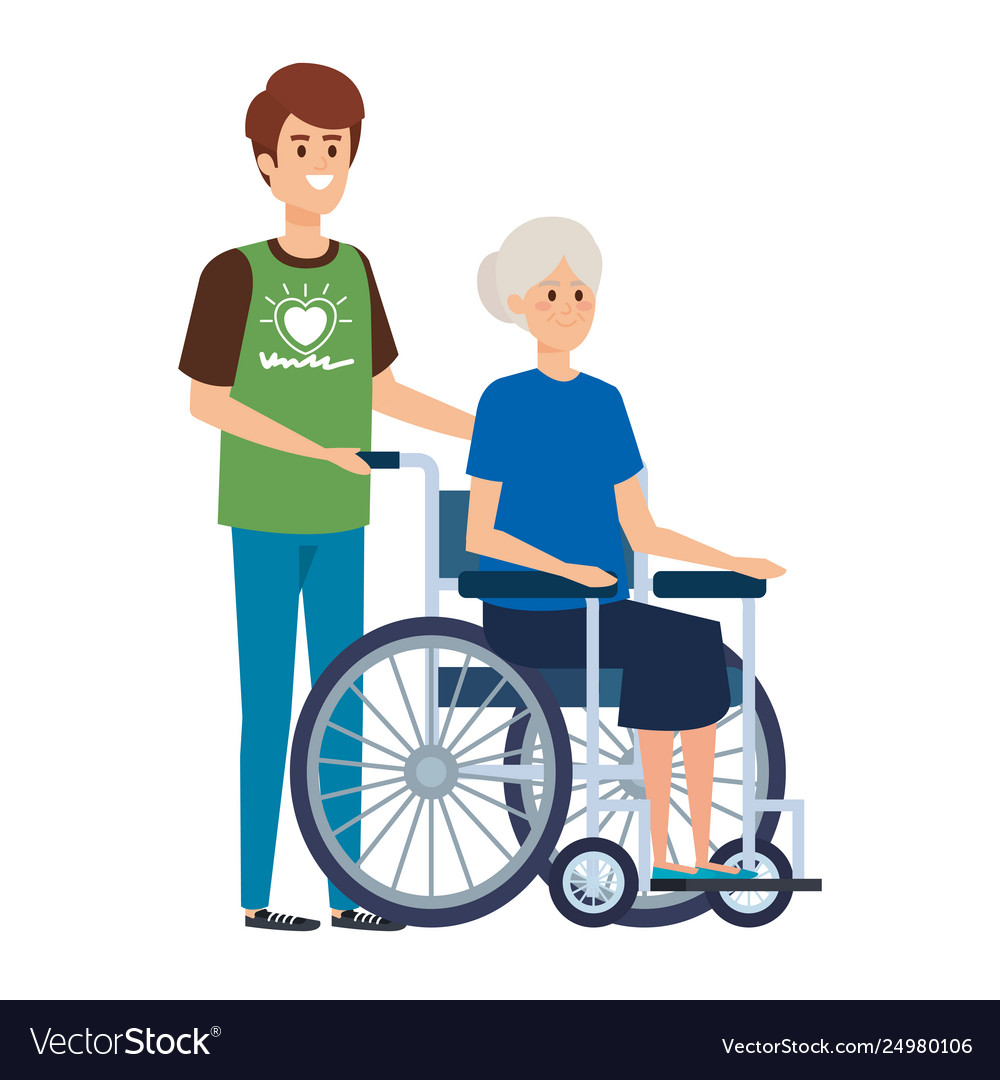 Young man volunteer with old woman in wheelchair Vector Image