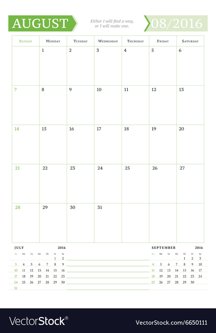 August 2016 Monthly Calendar Planner - August 2016 Monthly Calendar Planner For 2016 Year Vector 6650111