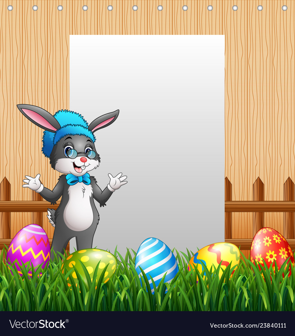 Easter bunnies with blank sign background Vector Image