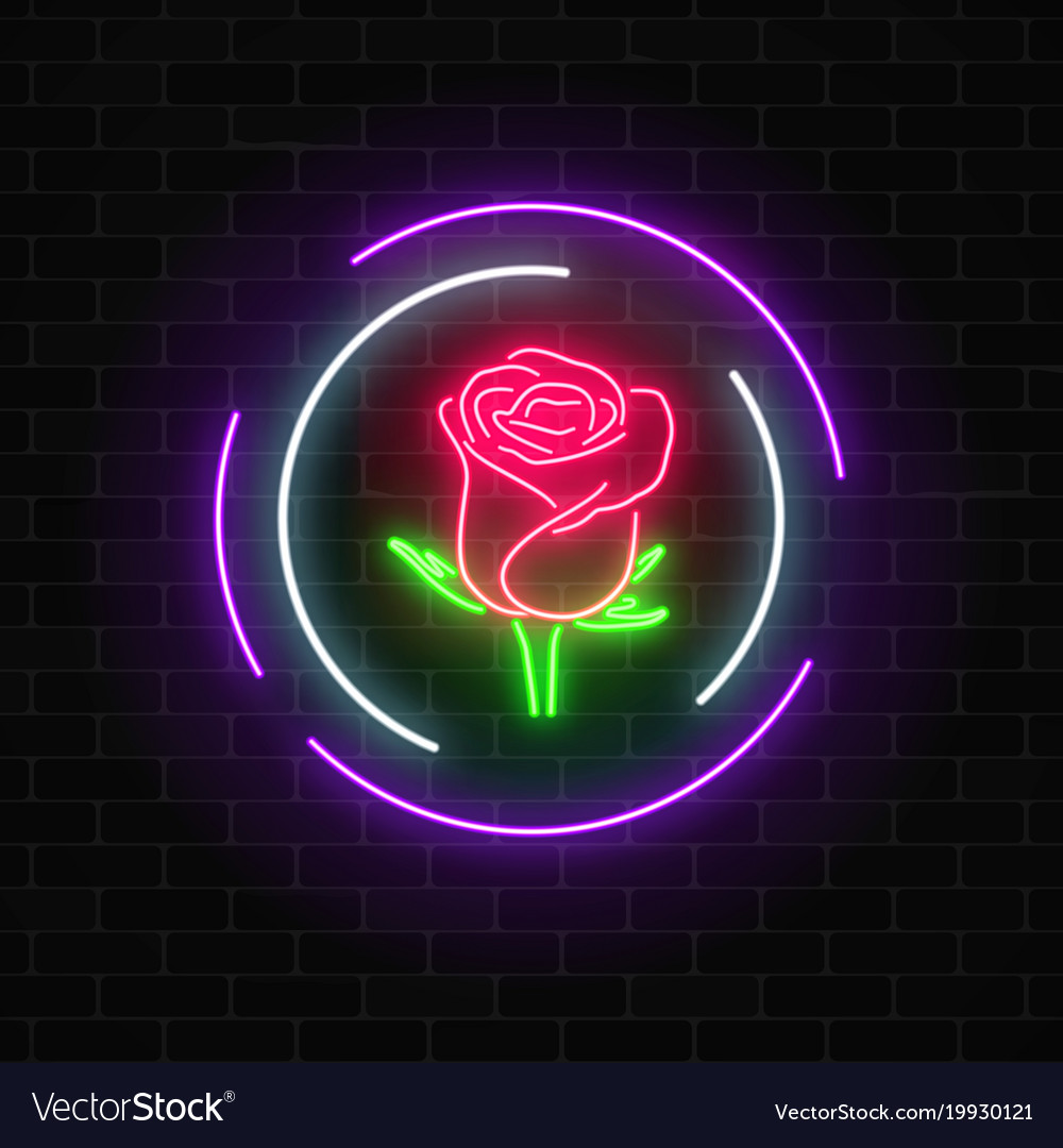 Glowing rose neon sign of flower shop in round Vector Image