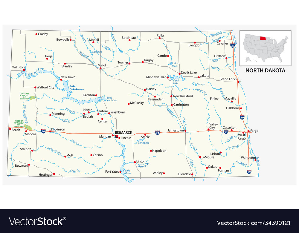 Road map us american state north dakota Royalty Free Vector