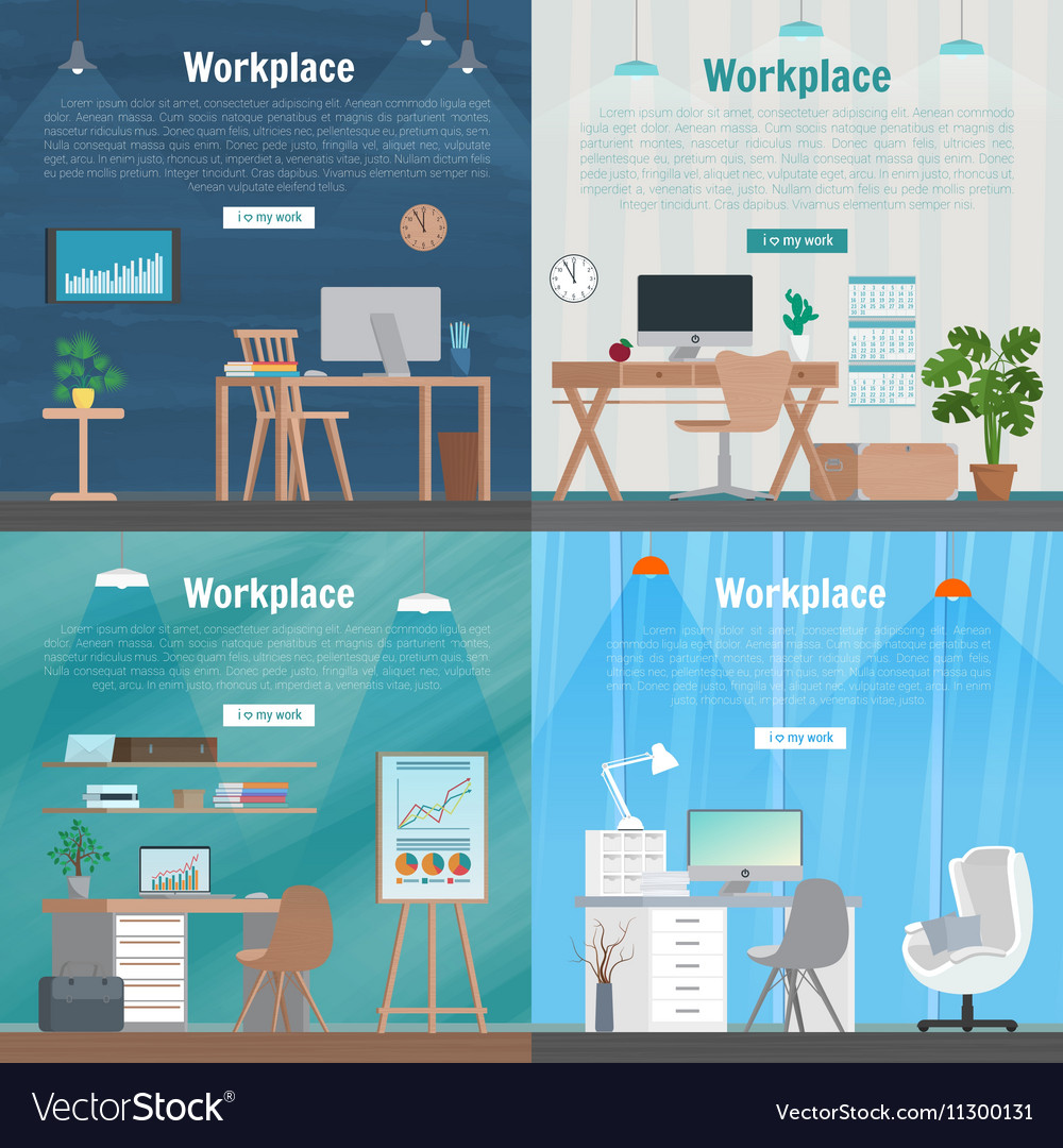 Banner Set Office Workplace Interior Design Vector Image