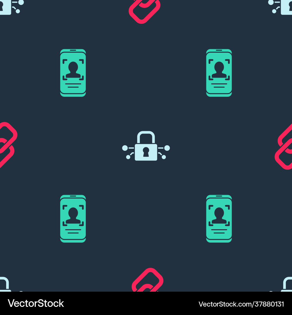 Set chain link cyber security and mobile and face Vector Image