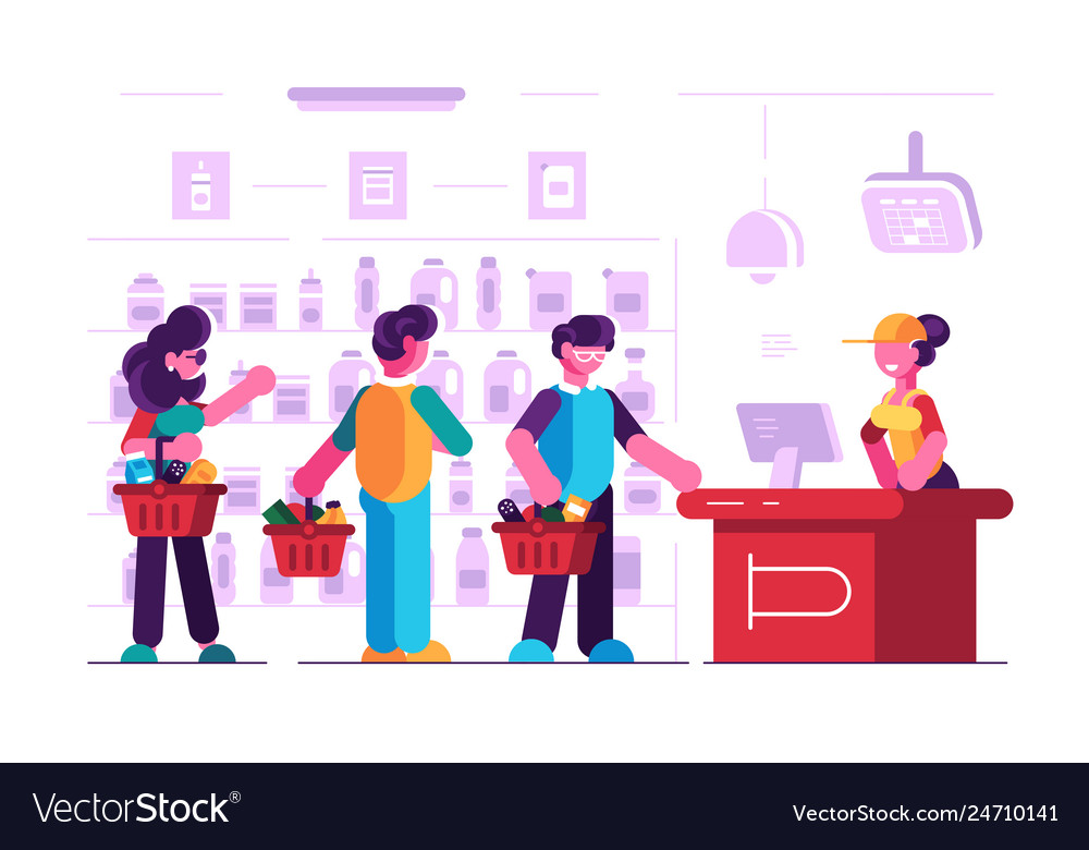 Cashier At Cash Desk In Supermarket Royalty Free Vector