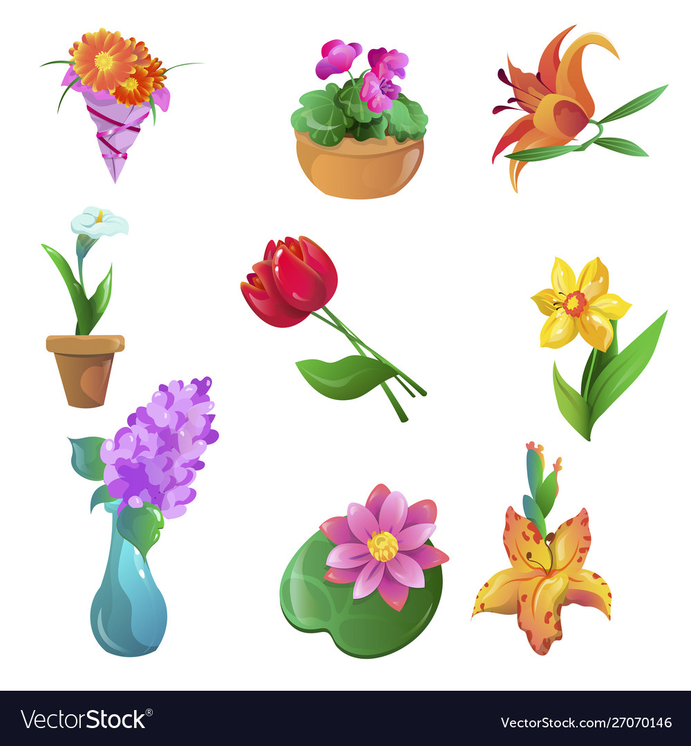 Flowers set raster in flat cartoon Royalty Free Vector Image