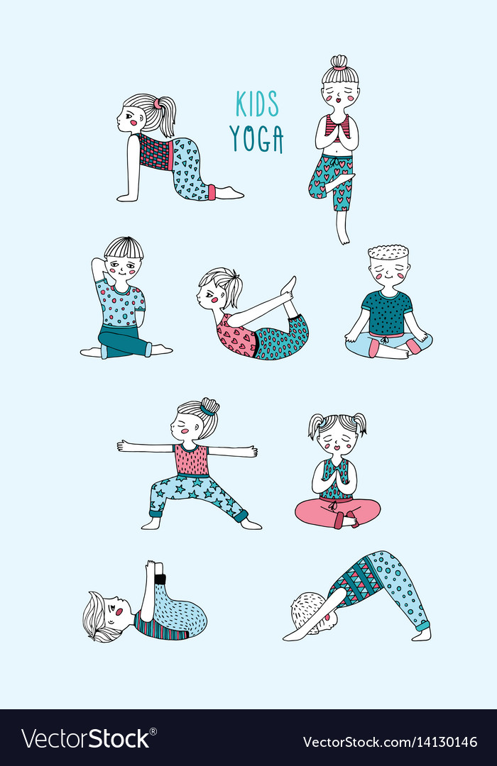 Kids yoga set children perform exercises asanas Vector Image